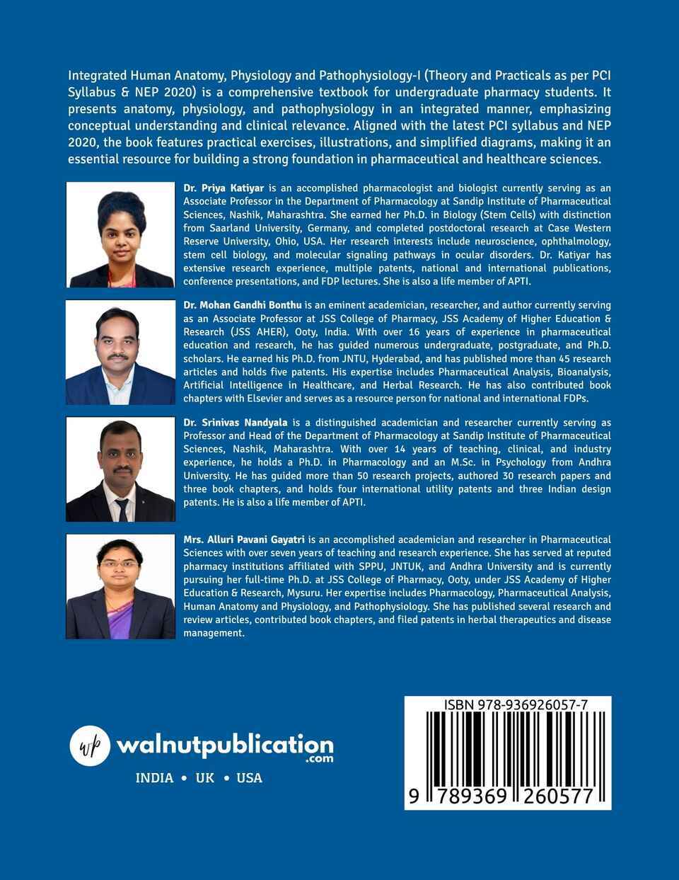 Integrated Human Anatomy, Physiology and Pathophysiology-I (Theory and Practicals as per PCI Syllabus & NEP 2020) - Back Cover