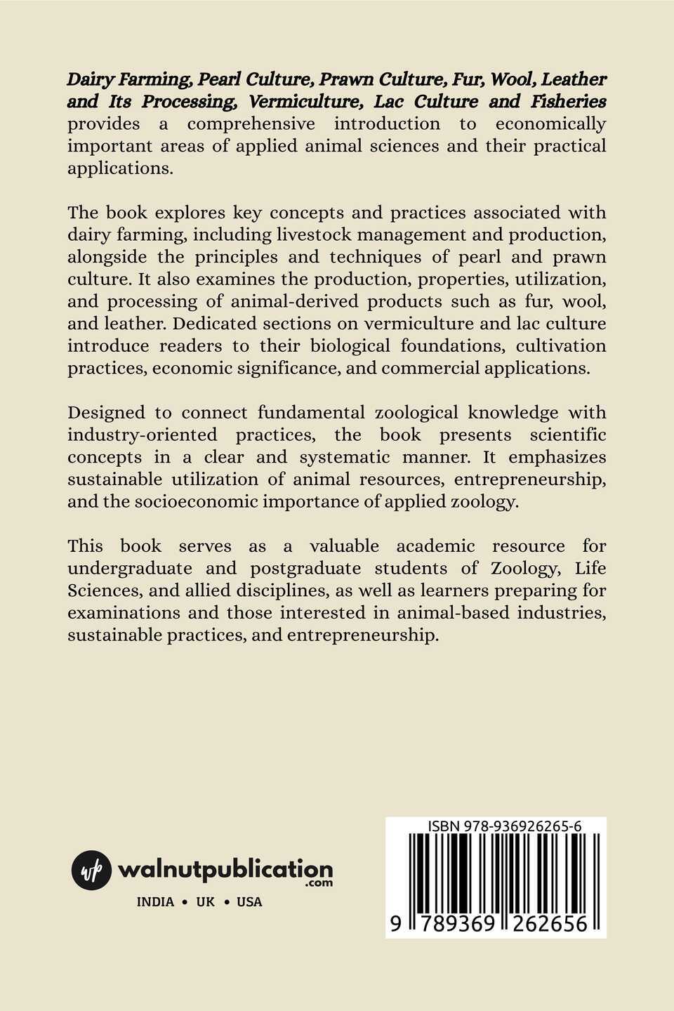 Applied Zoology: Dairy Farming, Pearl Culture, Prawn Culture, Fur, Wool, Leather and Its Processing, Vermiculture, Lac Culture and Fisheries - Back Cover