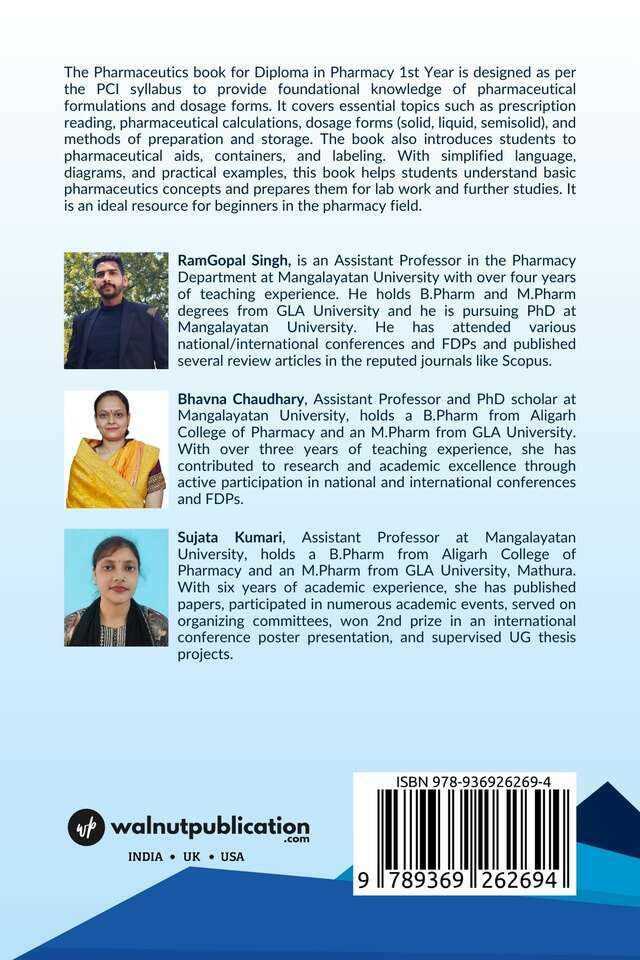 A Textbook of Pharmaceutics: D.Pharm First Year Syllabus (As per PCI) - Back Cover