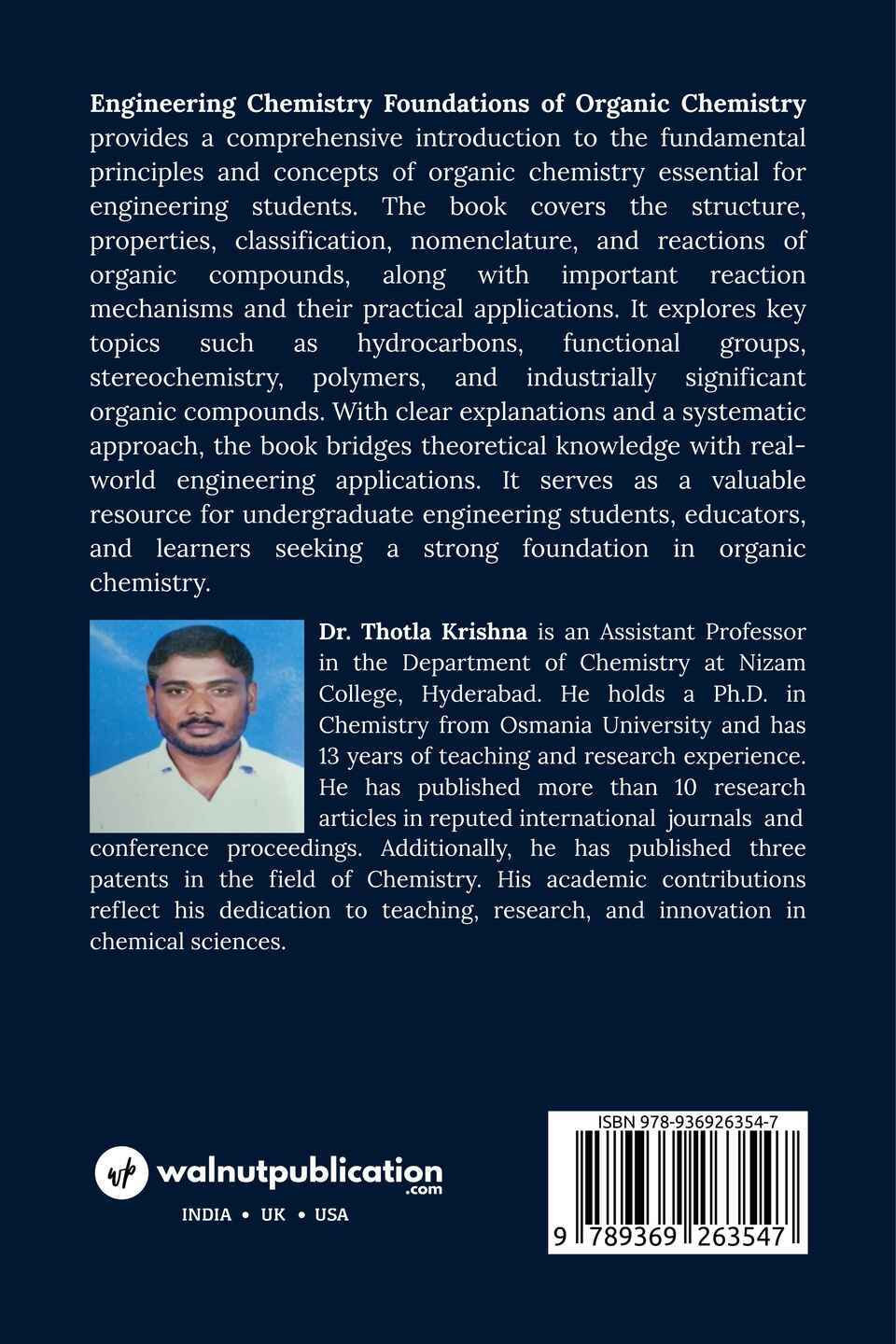 Engineering Chemistry Foundations of Organic Chemistry - Back Cover