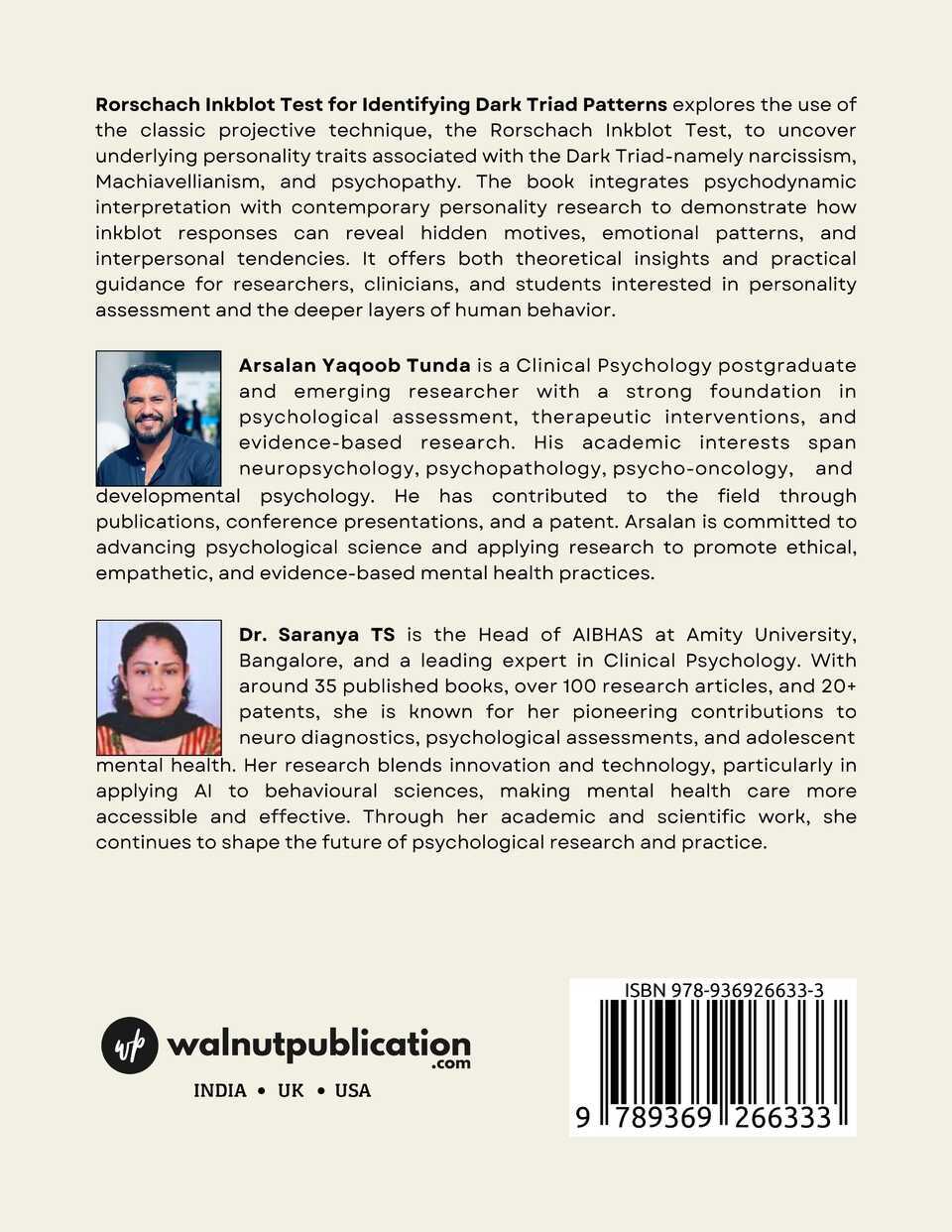 Rorschach Inkblot Test for Identifying Dark Triad Patterns: User Manual with Evidence - Back Cover