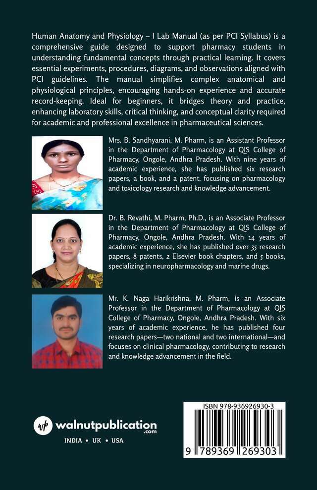 Human Anatomy and Physiology - 1 Lab Manual (as Per PCI Syllabus) - Back Cover