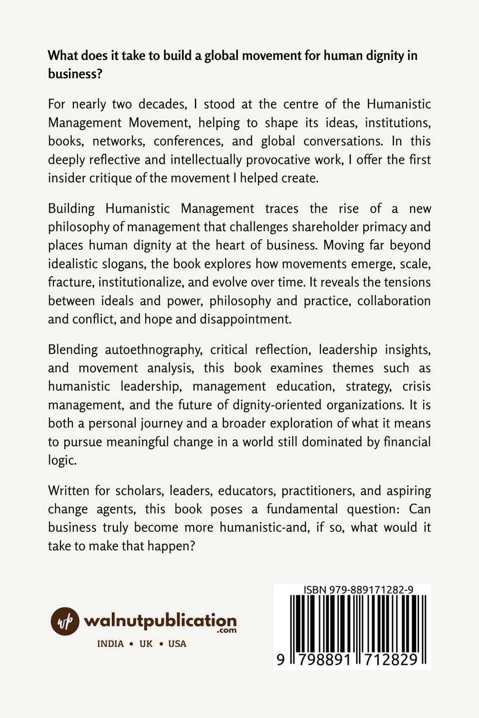 Building Humanistic Management - Lessons from Creating a Global Movement for Human Dignity in Business - Back Cover