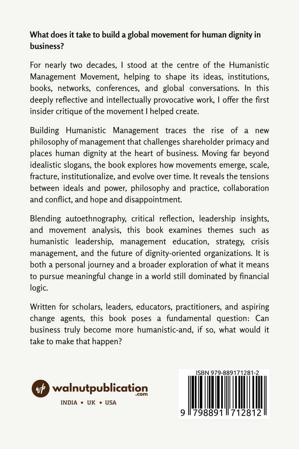 Building Humanistic Management - Lessons from Creating a Global Movement for Human Dignity in Business - Back Cover